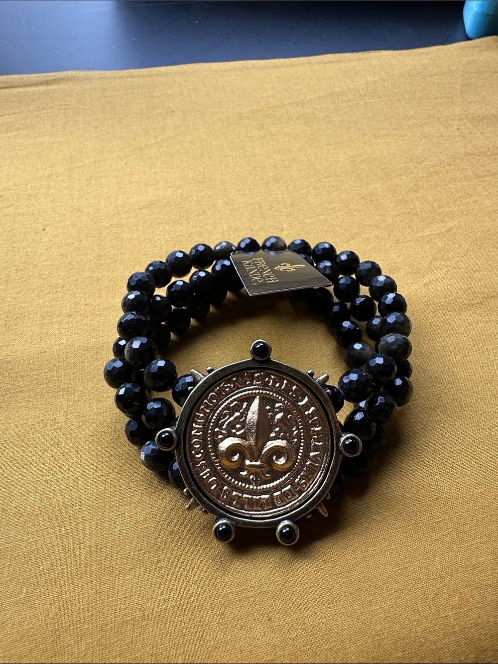 French Kande Black Beaded Coin Medallion Bracelet